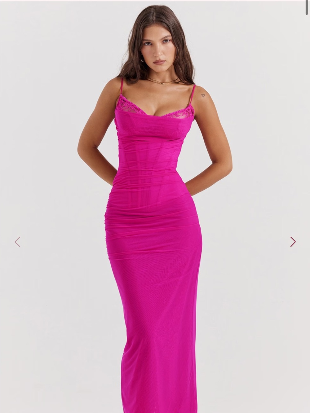 House of CB NALINI Pink Draped Mesh Corset Maxi Dress